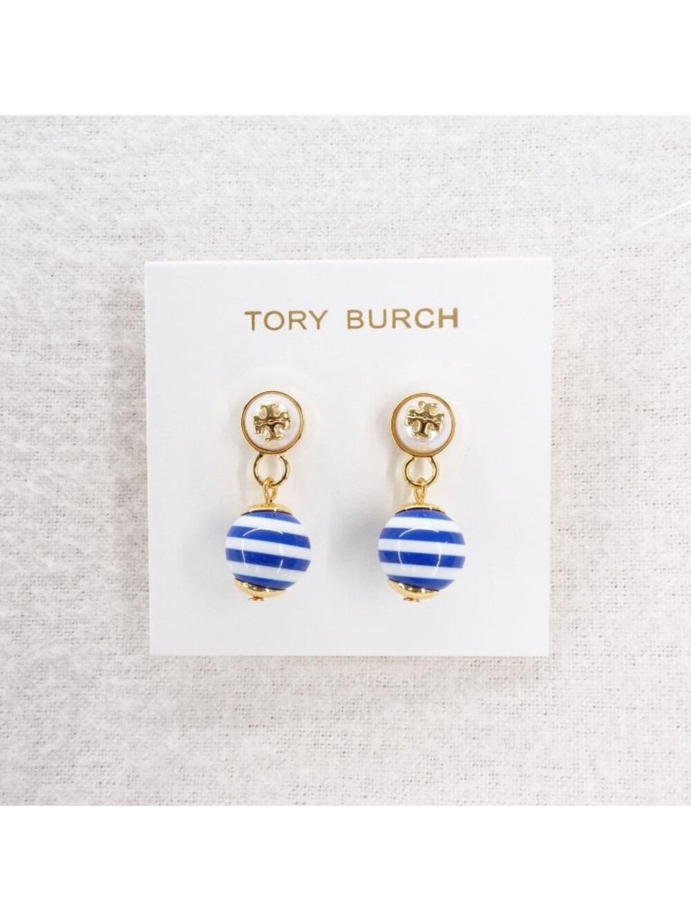 Tory Burch Saher Logo Drop Earrings Blue and White OS